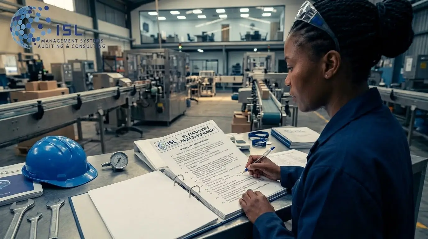 Manufacturing supervisor reviewing standard operating procedures in Kenya