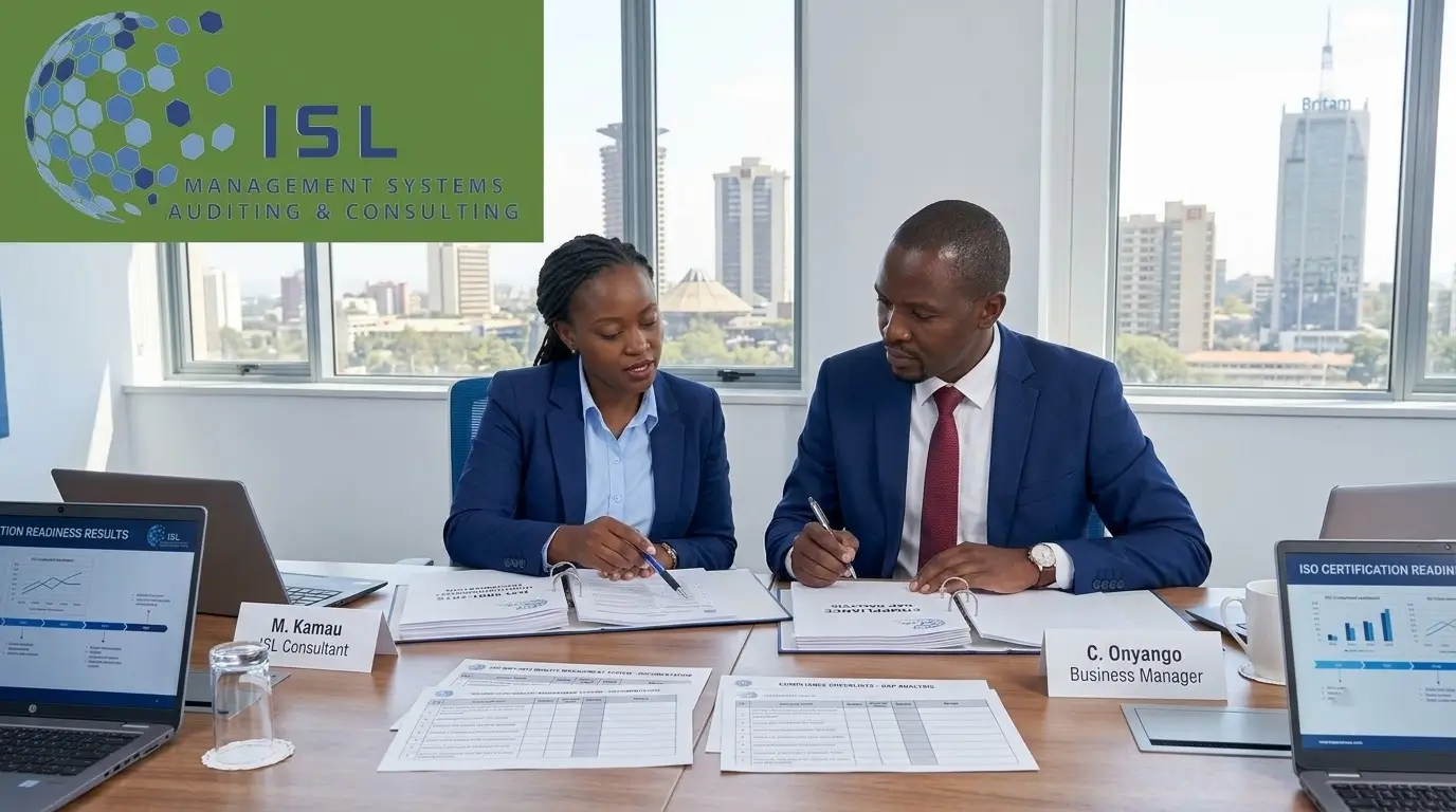 ISL consultant reviewing ISO certification documentation with a client in Nairobi