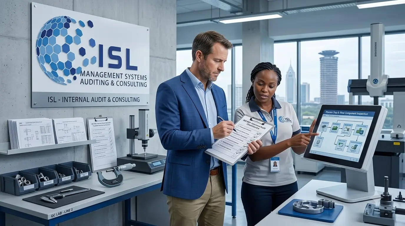 Internal auditor reviewing an ISO 9001 checklist against actual practice