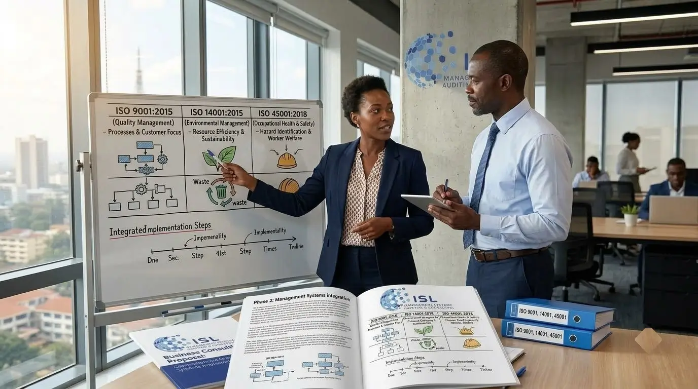 Business consulting meeting to determine the right ISO standard for a company