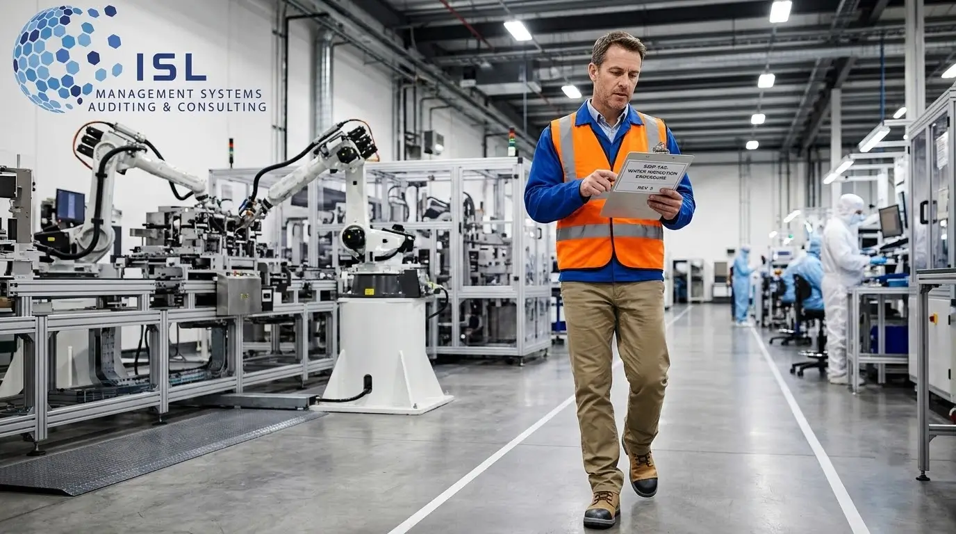 Supervisor reviewing SOP documentation for manufacturing quality control