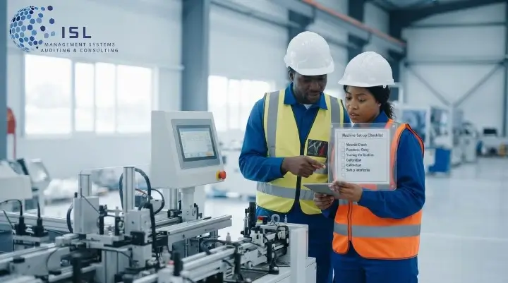 Supervisor and operator reviewing a machine set up checklist in a factory